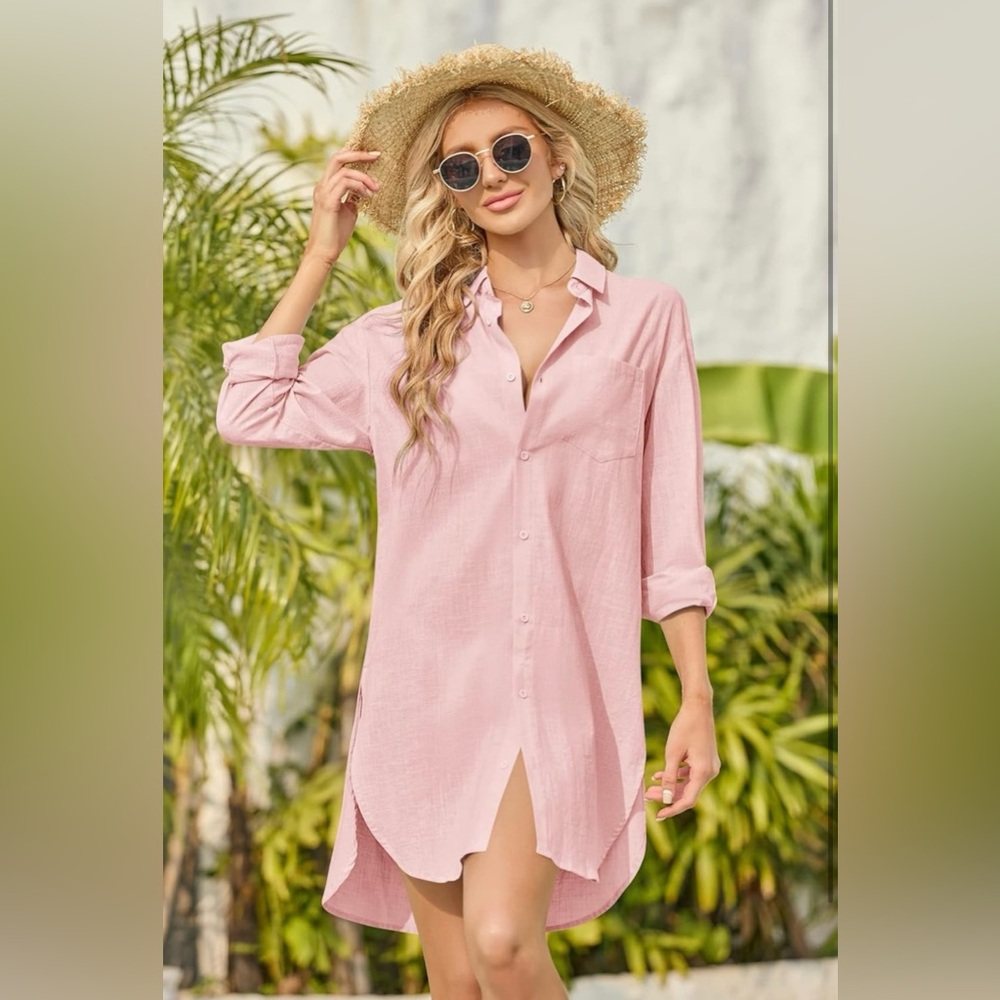 Runcati Women's Linen Cotton Button Down Tunic Shirt Cover Up, Pink Medium - NWT - Picture 2 of 6